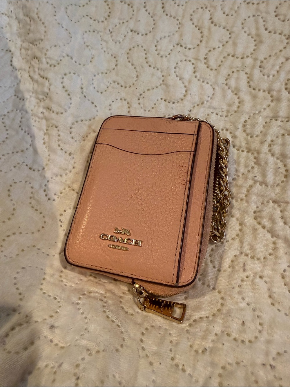 Coach Pink Pebbled Leather Card Case with Gold Chain